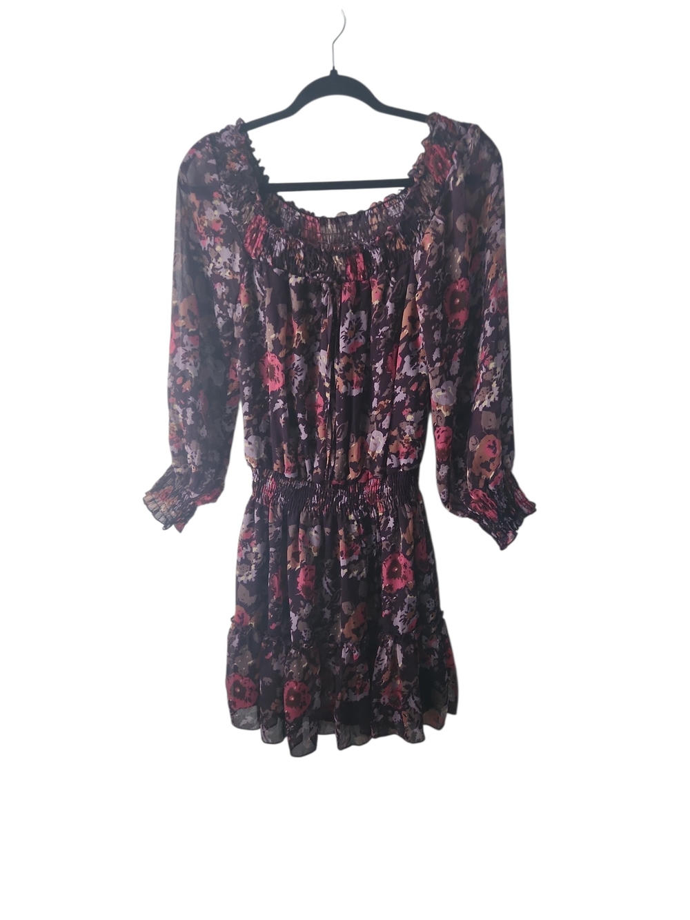 Fire Floral Off-Shoulder Smocked Waist Tiered Coquette Dress - Black/Pink Size S